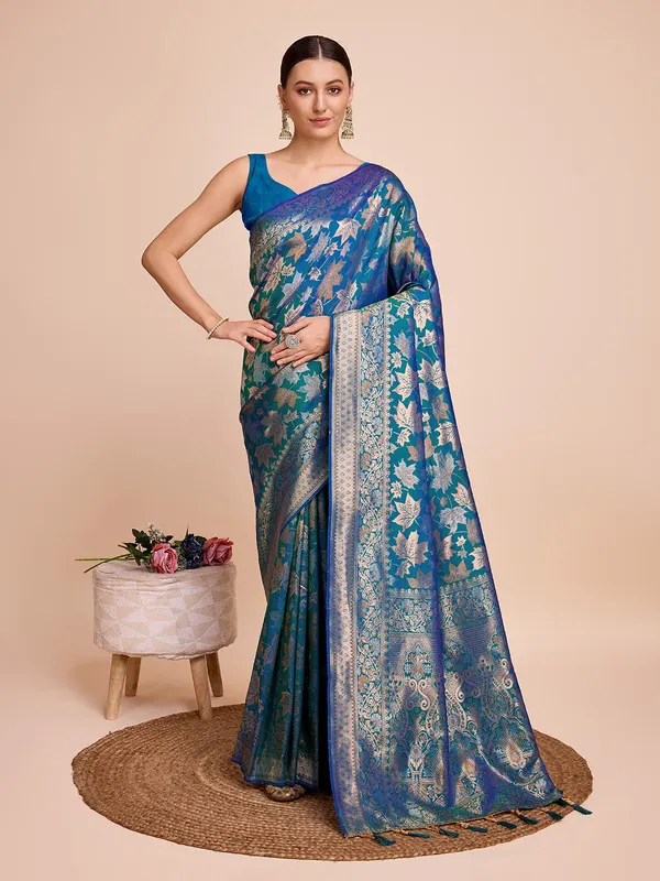 Teal_Panjari_Silk_Saree_With_Unstitched_Blouse_Piece