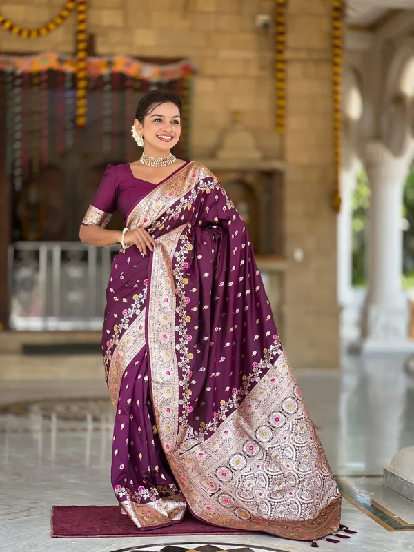 Wine_Banarasi_Banarasi_Silk_Saree_With_Unstitched_Blouse_Piece