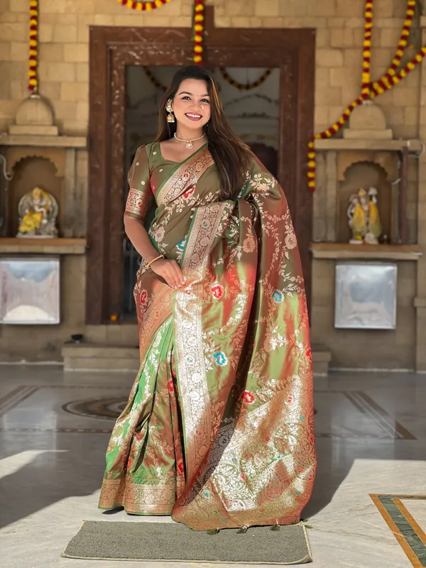 Mehendi_Banarasi_Banarasi_Silk_Saree_With_Unstitched_Blouse_Piece