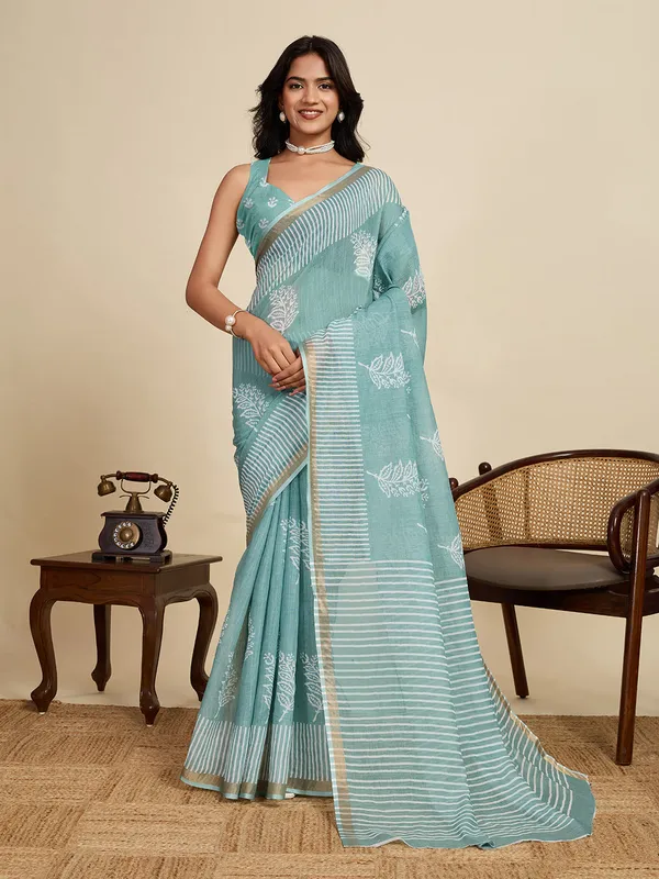Skyblue_Kajri_Linan_Saree_With_Unstitched_Blouse_Piece