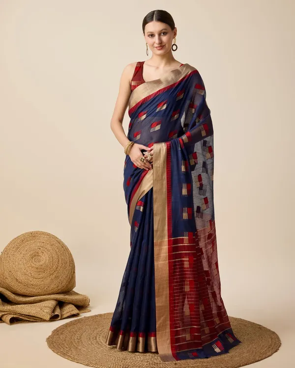 Dark_Blue_Cotton_Saree_With_Unstitched_Blouse_Piece