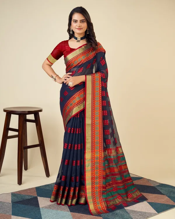 Midnight_Blue_Vedika_Cotton_Saree_With_Unstitched_Blouse_Piece