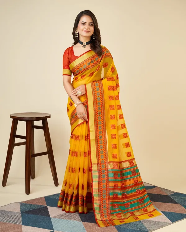 Orange_Yellow_Vedika_Cotton_Saree_With_Unstitched_Blouse_Piece