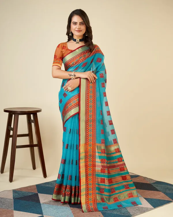 Skyblue_Vedika_Cotton_Saree_With_Unstitched_Blouse_Piece