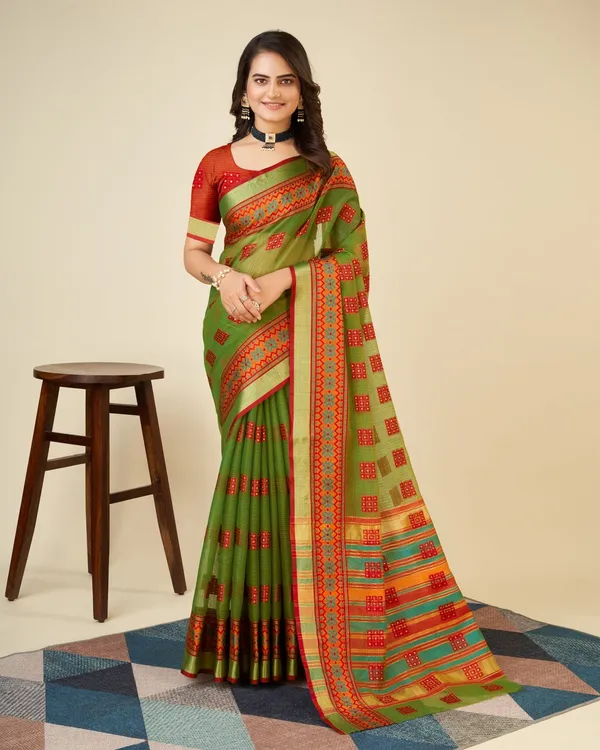 Mehndi_Vedika_Cotton_Saree_With_Unstitched_Blouse_Piece