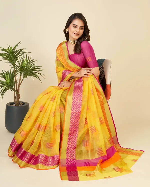 Yellow_Vedika_Cotton_Saree_With_Unstitched_Blouse_Piece
