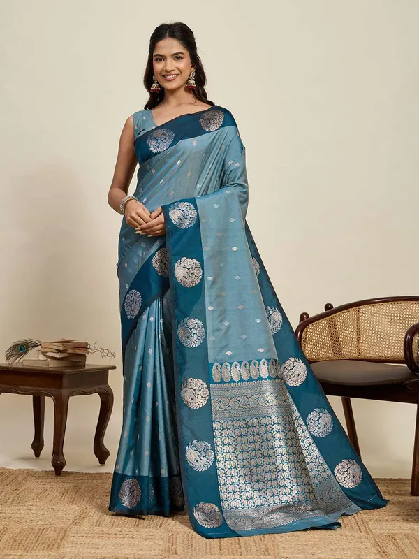 Nile_Blue_Aamarapali_Silk_Saree_With_Unstitched_Blouse_Piece