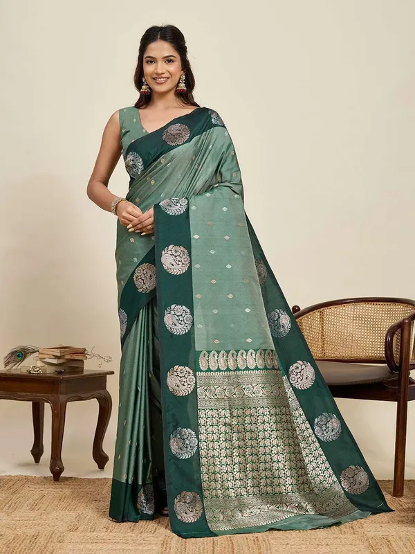 Seagreen_Aamarapali_Silk_Saree_With_Unstitched_Blouse_Piece
