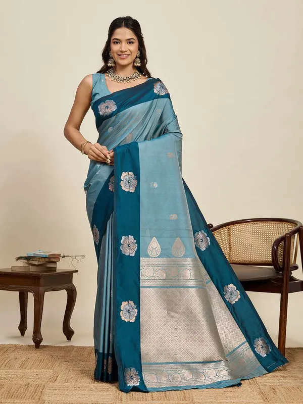 Nile_Blue_Aamarapali_Silk_Saree_With_Unstitched_Blouse_Piece