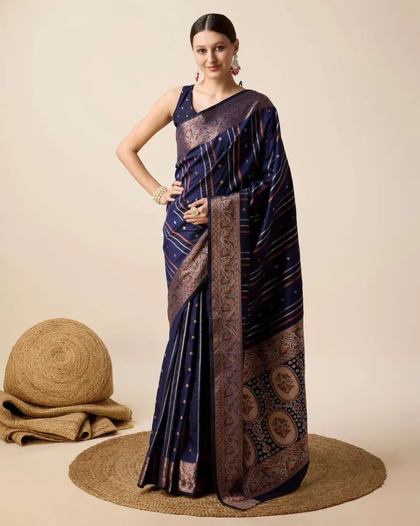 Dark_Blue_Apexa_Jacquard_Fabrics_Saree_With_Unstitched_Blouse_Piece