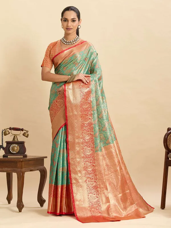 Olive_Drab_Anarkali_Silk_Saree_With_Unstitched_Blouse_Piece