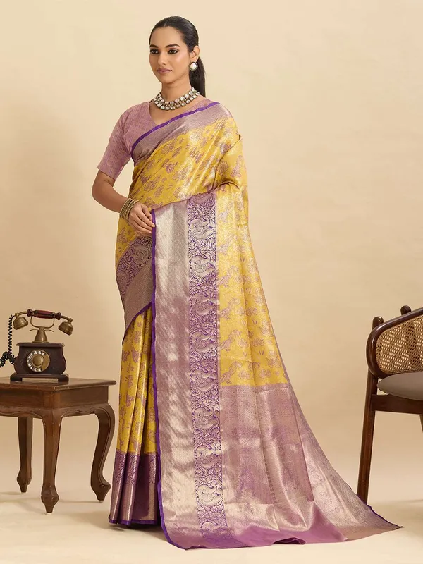 Yellow_Anarkali_Silk_Saree_With_Unstitched_Blouse_Piece