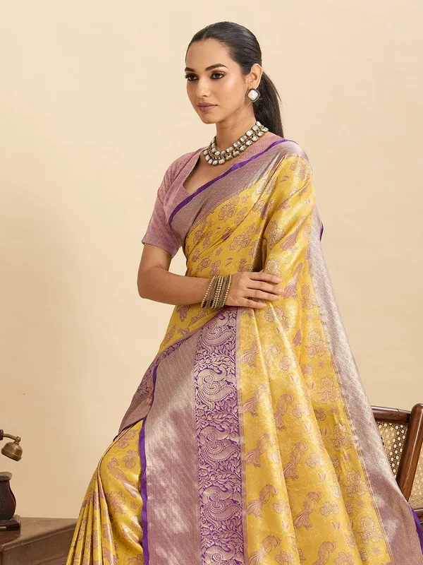Yellow_Anarkali_Silk_Saree_With_Unstitched_Blouse_Piece