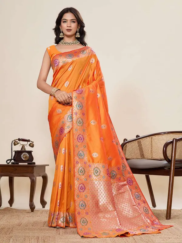 Orange_Amshukha_Silk_Saree_With_Unstitched_Blouse_Piece