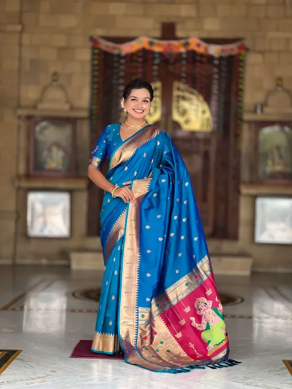 Firozi_Ganapati_Paithani_Silk_Saree_With_Unstitched_Blouse_Piece