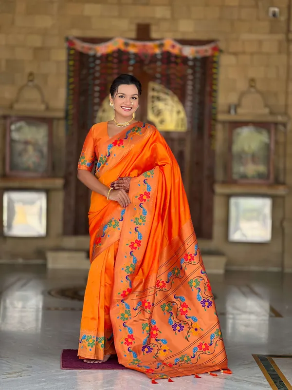Orange_Anuradha_Paithani_Silk_Saree_With_Unstitched_Blouse_Piece