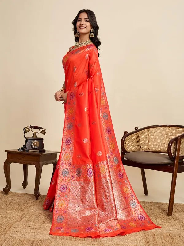 Orangered_Amshukha_Silk_Saree_With_Unstitched_Blouse_Piece