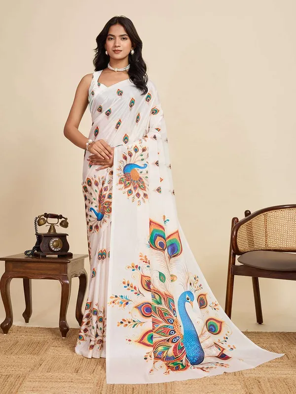 White_Heli_Saree_For_Silk_Saree_With_Unstitched_Blouse_Piece