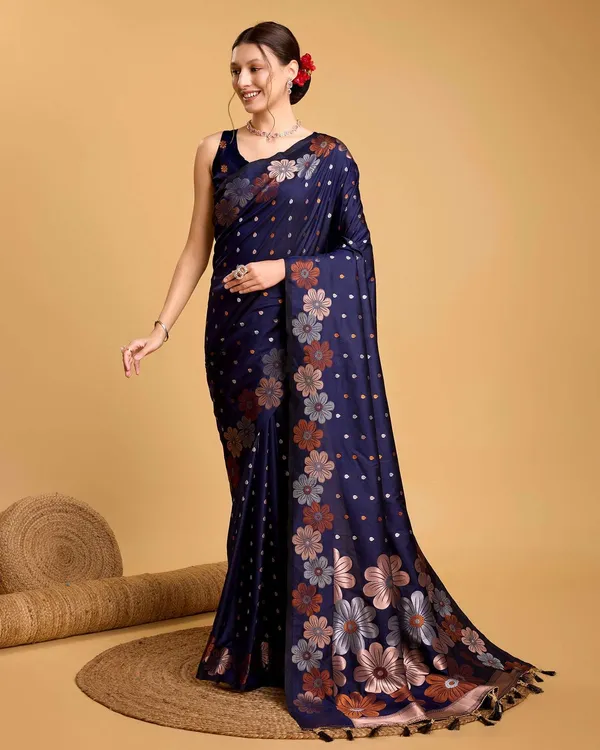 Dark_Blue_Radhika_Jacquard_Fabrics_Saree_With_Unstitched_Blouse_Piece