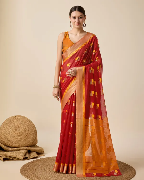 Orange_Roughy_Cotton_Saree_With_Unstitched_Blouse_Piece