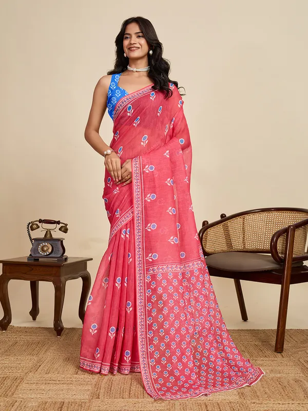 Red_Pink_Kajri_Linan_Saree_With_Unstitched_Blouse_Piece