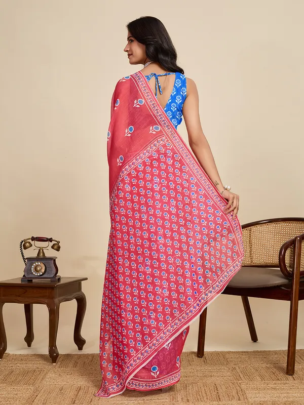 Red_Pink_Kajri_Linan_Saree_With_Unstitched_Blouse_Piece