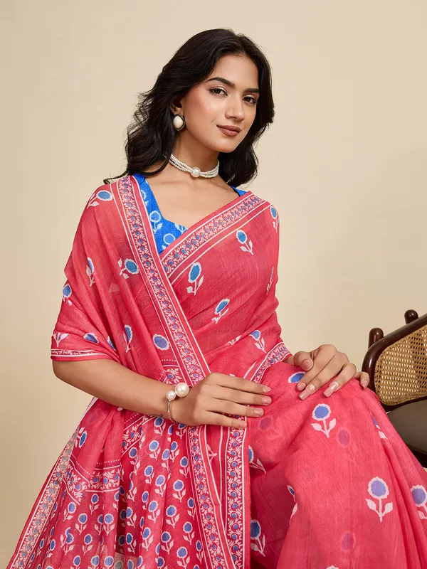 Red_Pink_Kajri_Linan_Saree_With_Unstitched_Blouse_Piece