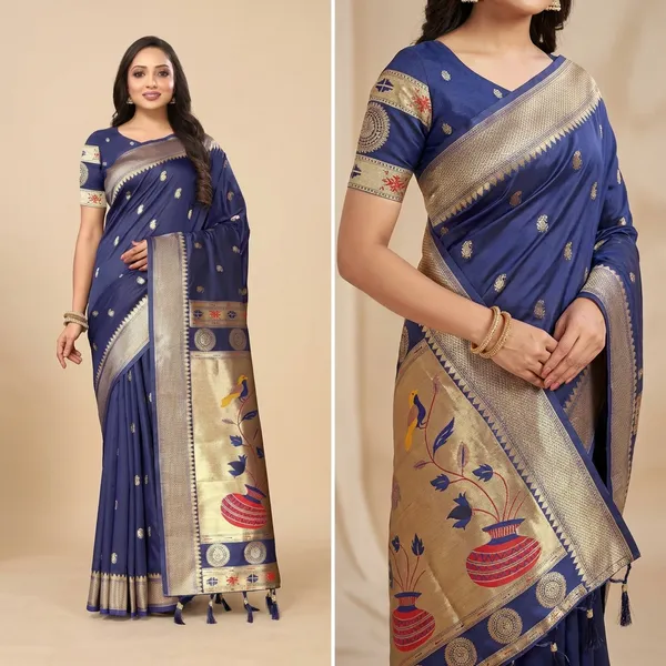 Navy_Blue_Matka_Paithani_Silk_Saree_With_Unstitched_Blouse_Piece