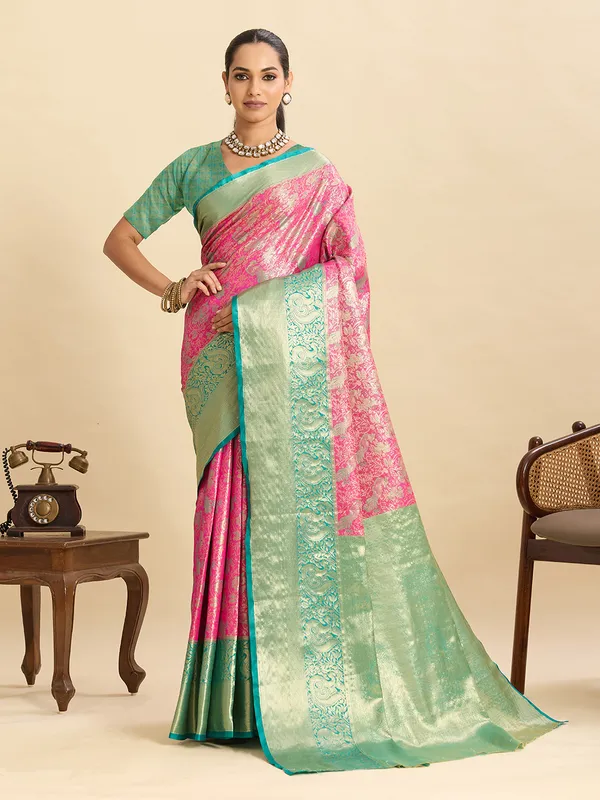 Pink_Anarkali_Silk_Saree_With_Unstitched_Blouse_Piece