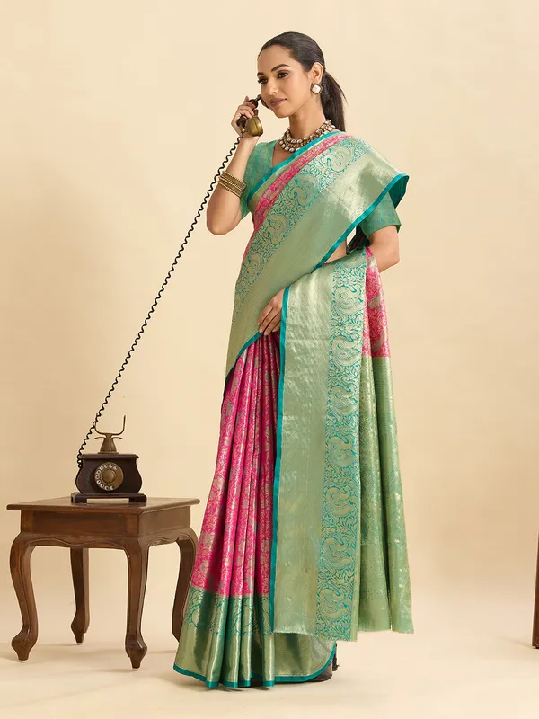 Pink_Anarkali_Silk_Saree_With_Unstitched_Blouse_Piece