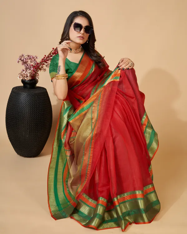 Red_Suhani_Cotton_Saree_With_Unstitched_Blouse_Piece