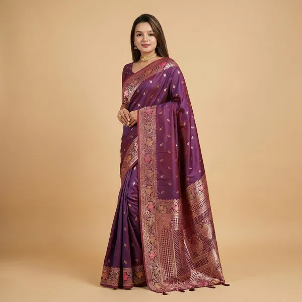Wine_Banarasi_Silk_Saree_With_Unstitched_Blouse_Piece