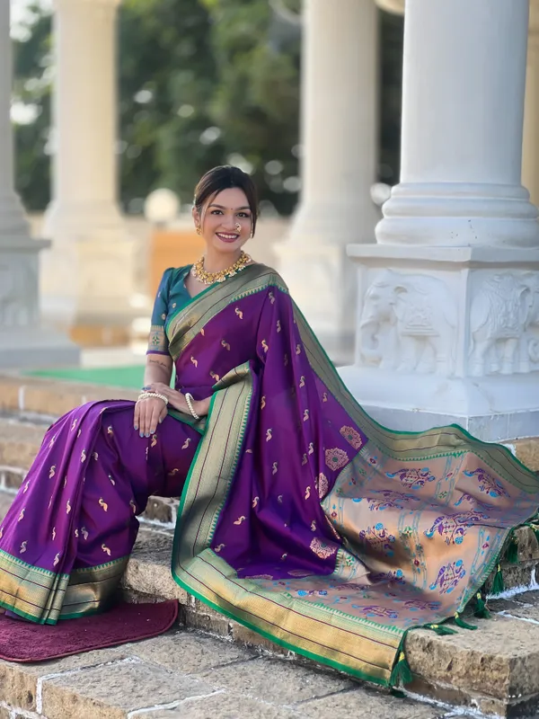 Wine_Peacock_Paithani_Silk_Saree_With_Unstitched_Blouse_Piece