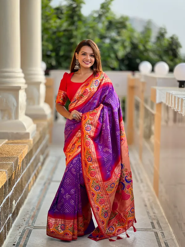 Purple_Bandhani_Silk_Saree_With_Unstitched_Blouse_Piece