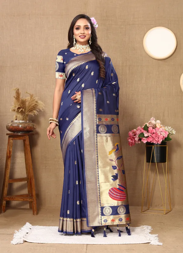 Navy_Blue_Matka_Paithani_Silk_Saree_With_Unstitched_Blouse_Piece