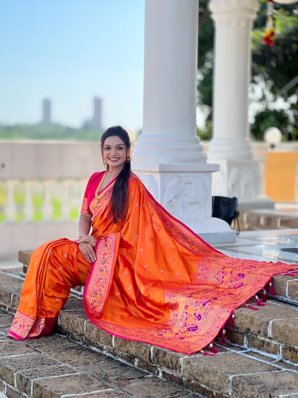 Orange_Royal_Paithani_Silk_Saree_With_Unstitched_Blouse_Piece