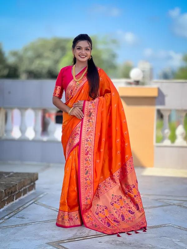 Orange_Royal_Paithani_Silk_Saree_With_Unstitched_Blouse_Piece