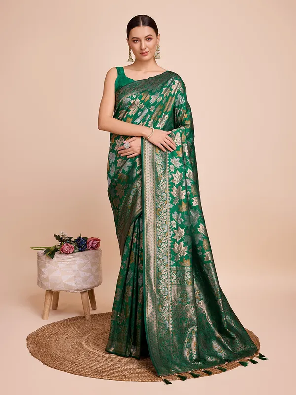 Dark_Green_Panjari_Silk_Saree_With_Unstitched_Blouse_Piece