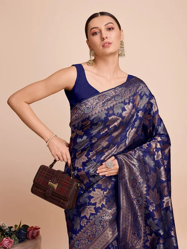 Navy_Blue_Panjari_Silk_Saree_With_Unstitched_Blouse_Piece