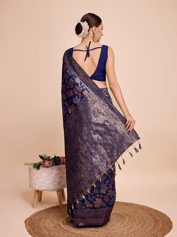 Navy_Blue_Panjari_Silk_Saree_With_Unstitched_Blouse_Piece