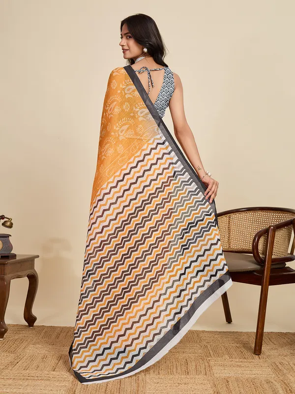 Yellow_Kajri_Linan_Saree_With_Unstitched_Blouse_Piece