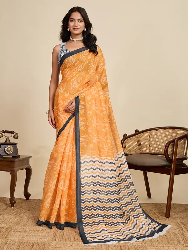 Yellow_Kajri_Linan_Saree_With_Unstitched_Blouse_Piece