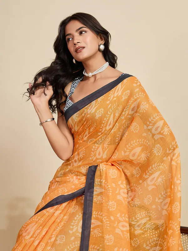 Yellow_Kajri_Linan_Saree_With_Unstitched_Blouse_Piece