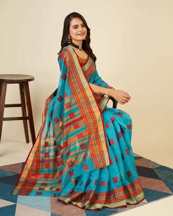 Skyblue_Vedika_Cotton_Saree_With_Unstitched_Blouse_Piece