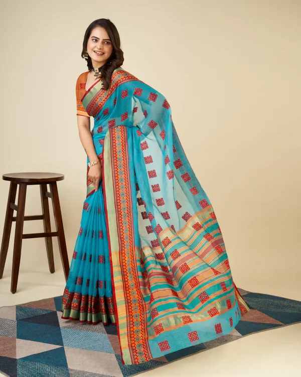 Skyblue_Vedika_Cotton_Saree_With_Unstitched_Blouse_Piece