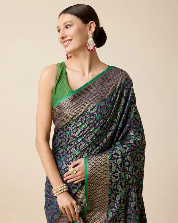 Midnight_Blue_Leri_Patola_Silk_Saree_With_Unstitched_Blouse_Piece