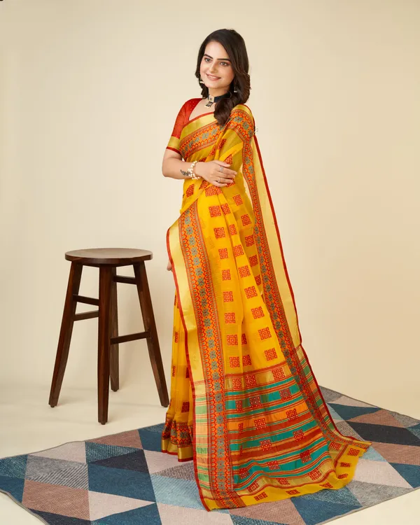 Orange_Yellow_Vedika_Cotton_Saree_With_Unstitched_Blouse_Piece