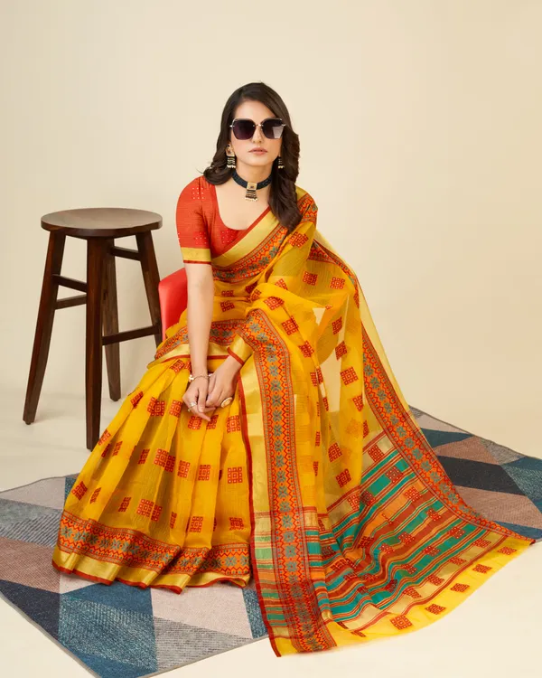 Orange_Yellow_Vedika_Cotton_Saree_With_Unstitched_Blouse_Piece