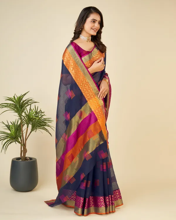 Midnight_Blue_Vedika_Cotton_Saree_With_Unstitched_Blouse_Piece