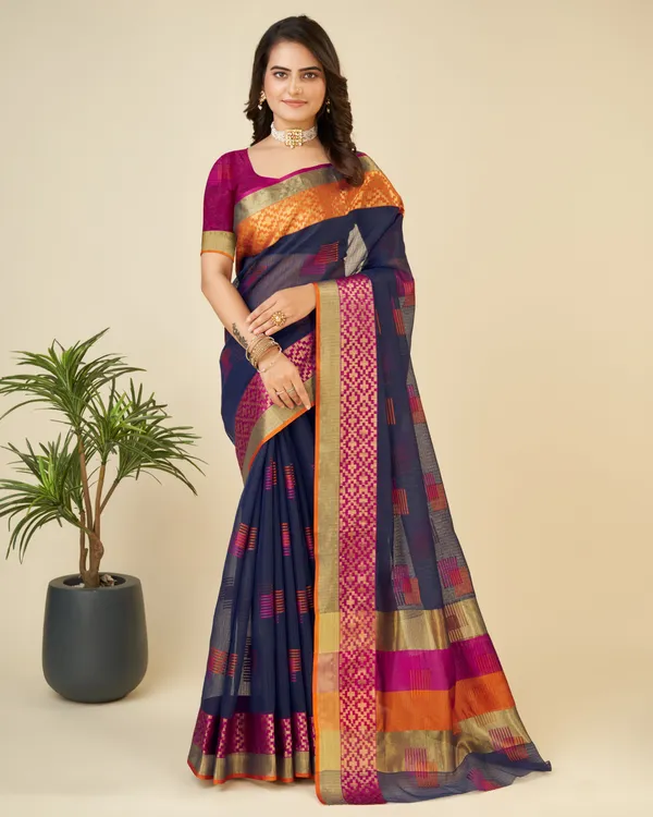 Midnight_Blue_Vedika_Cotton_Saree_With_Unstitched_Blouse_Piece